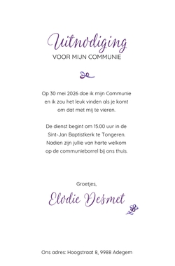 Communie Uitnodiging Elodie   Lila Kruis Achterkant