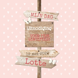 Trendy uitnodiging met houten wegwijzer 157650 Voorkant