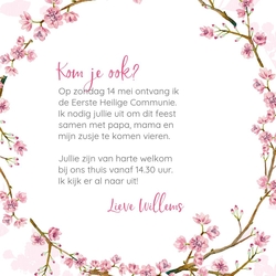 Communie Uitnodiging Lieve   Roze lente bloesem Achterkant