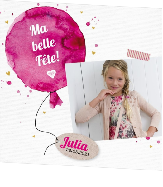 Carte photo conviviale avec ballon rose 157043F