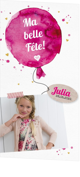 Carte photo conviviale avec ballon rose 157243F