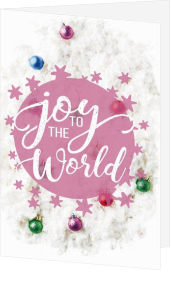 Kerstkaart - Joy to the world in roze bol met roze sterretjes