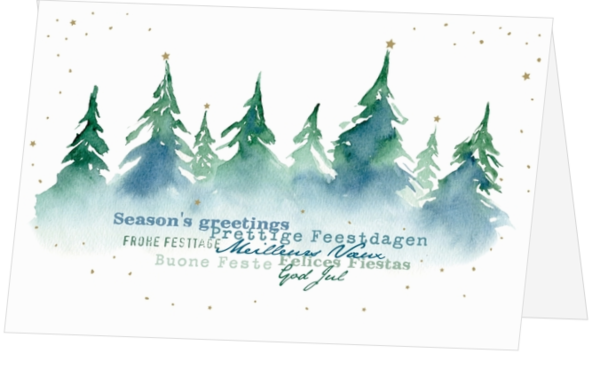 Kerstkaart - Aquarel landschap groen/blauw