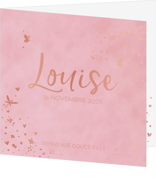 Faire-part de naissance Louise - Foile rosé et d'oré luxieuse avec papillons