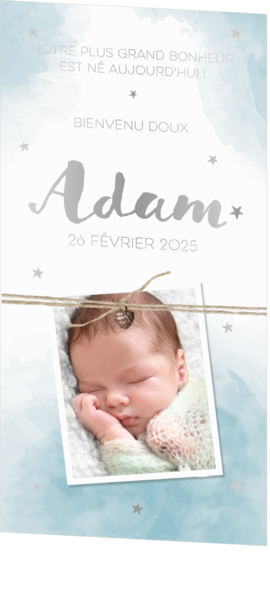 Faire-part de naissance Adam - Aquarelle bleu avec étoiles