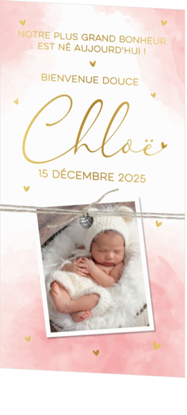 Faire-part de naissance Chloë - Aquarelle rose avec cœur en or