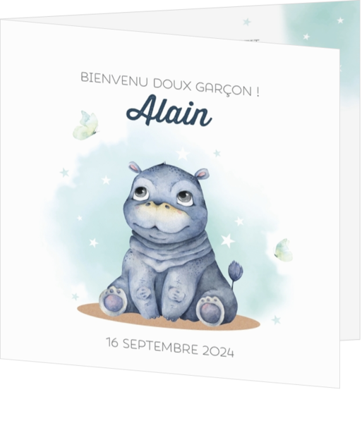 Faire-part de naissance Alain - Doux hippopotame