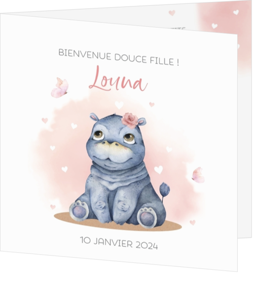 Faire-part de naissance Louna - Doux hippopotame sur rose