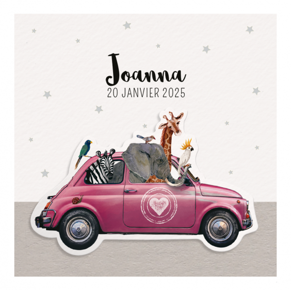 Faire-part de naissance Joanna - Voiture plein d'animaux