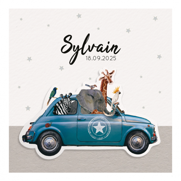 Faire-part de naissance Sylvain - Voiture plein d'animaux