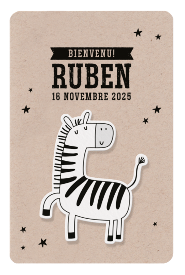 Faire-part de naissance Ruben - Zèbre sur kraft