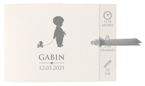 Faire-part de naissance Gabin - Classique avec ruban gris