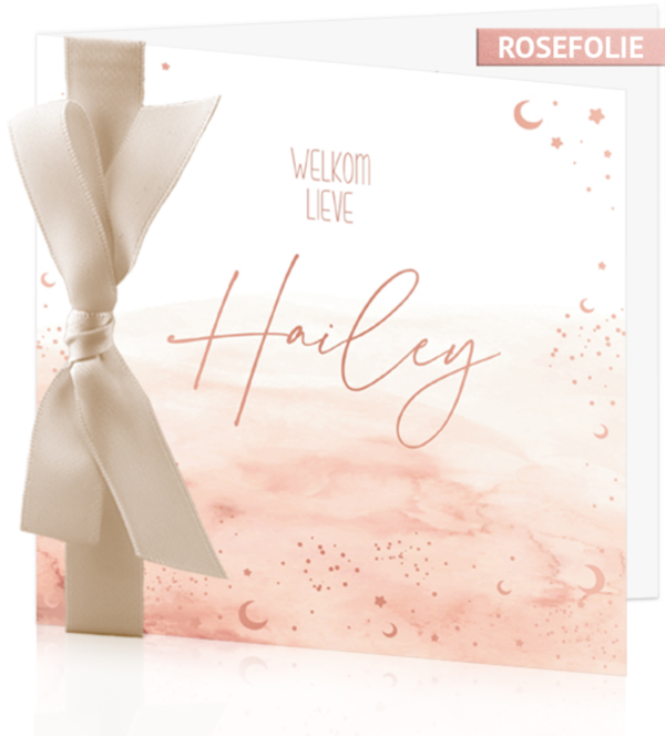 Geboortekaartje Hailey - Sterren en maantjes met beige lint