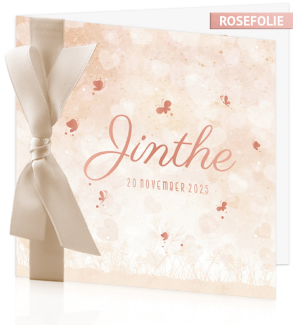 Geboortekaart Jinthe - Rosefolie vlinders en hartjes