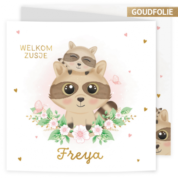 Geboortekaart drieluik Freya - Wasberen zusje