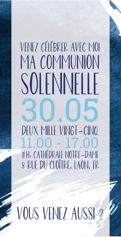 Communion Invitation Thom   Aquarelle bleue Verso