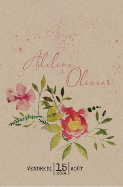 Faire part de mariage   Fleurs à l'aquarelle sur kraft   Rose Recto