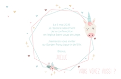 Communion Invitation Joelle   Hexagone avec licorne Verso