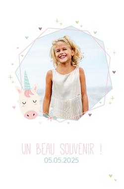 Porte photo de communion Joelle   Hexagone avec licorne Recto