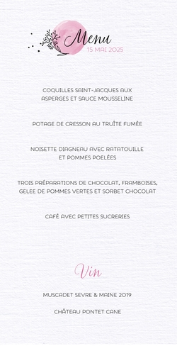 Menu de communion Elise   Dessin au trait fleur Verso