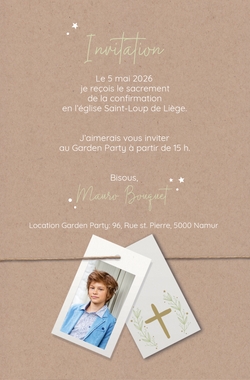 Communion Invitation Mauro   Croix sur kraft Verso