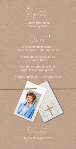 Menu de communion Mauro   Croix sur kraft Verso