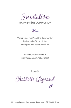 Communion Invitation Charlotte   Croix violet Verso