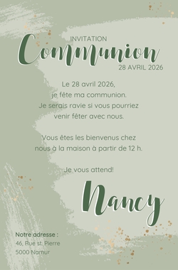 Communion Invitation Nancy   Vert et or élégants Verso