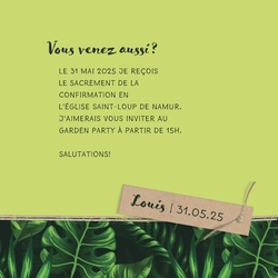 Communion Invitation Louis   Feuilles de jungle avec etiquette et ficelle Verso