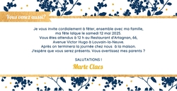 Communion Invitation Marte   Fleurs bleu foncé Verso