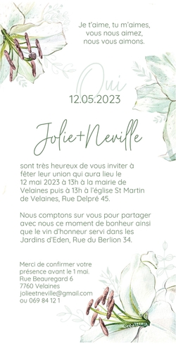 Faire part de mariage   Lys aquarelle Verso