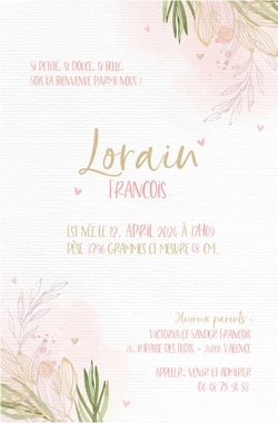 Faire part de naissance Lorain   Aquarelle rose avec votre propre photo Verso