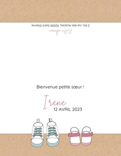 Faire part de naissance Irene   Chaussures Verso/Recto