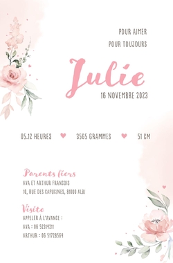 Faire part de naissance Julie   Fleurs avec photo Verso