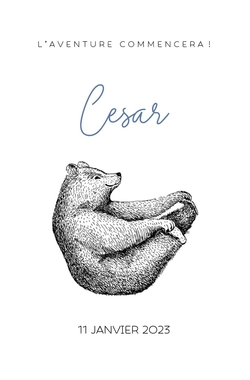 Faire part de naissance Cesar   Ours dessin à la plume Recto