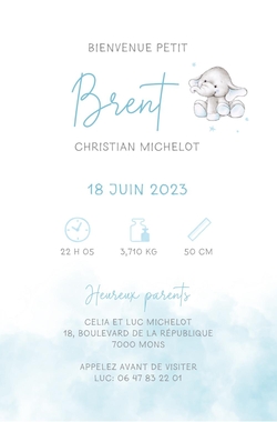 Faire part de naissance Brent   Petit éléphant Verso