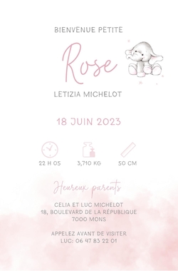 Faire part de naissance Rose   Petit éléphant Verso