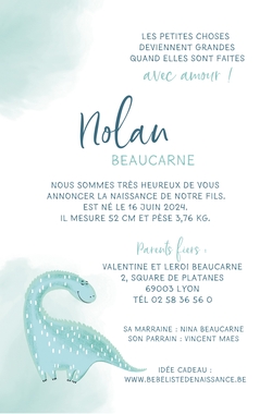 Faire part de naissance Nolan   Dinosaure Verso