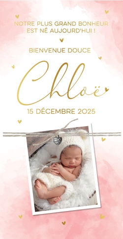 Faire part de naissance Chloë   Aquarelle rose avec cœur en or Recto