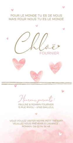 Faire part de naissance Chloë   Aquarelle rose avec cœur en or Verso