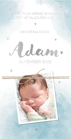 Faire part de naissance Adam   Aquarelle bleu avec étoiles Recto