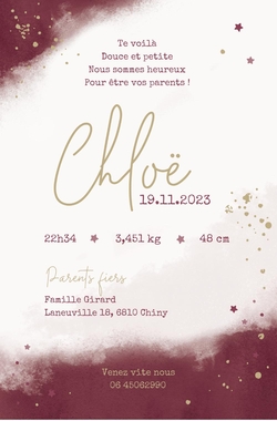 Carte de naissance Chloë   Bordeaux avec crépitement Verso