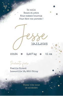 Carte de naissance Jesse    bleu foncé avec crépitement Verso