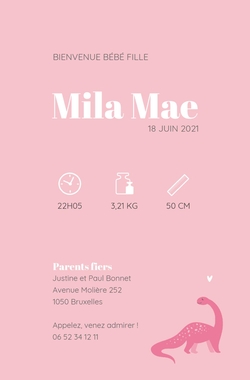 Carte de naissance Mila Mae   Dino   Lettre rose Verso