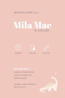 Carte de naissance Mila Mae   Dino   Lettre saumon Verso