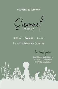 Carte de naissance Samuel   Silhouette d'un garçon Verso