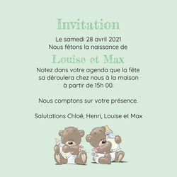 Carte de réception naissance   Ours de jumeaux 11702010F Verso