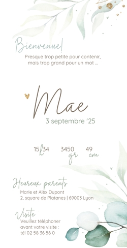 Faire part de naissance   Branches aquarelle Verso