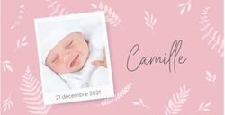 Faire part de naissance   Polaroid avec des feuillets rose Recto