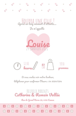 Faire part naissance   Coeur rose AVA3007F Verso